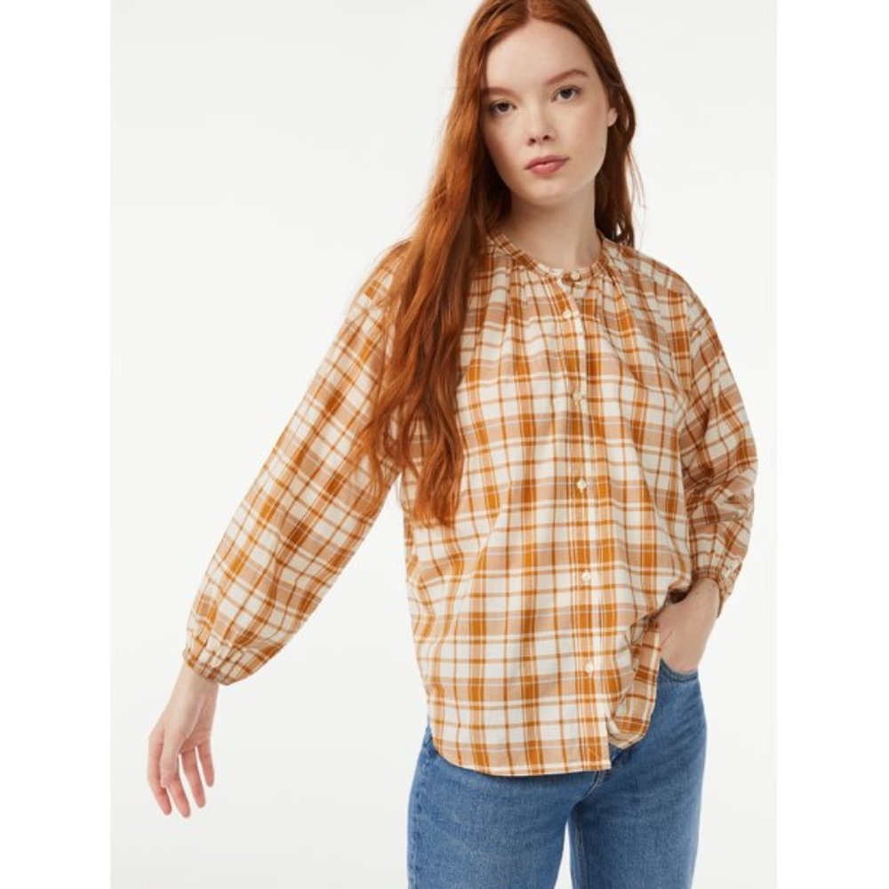 Free Assembly Light Brown Plaid Button Front Shirt with Banded Collar